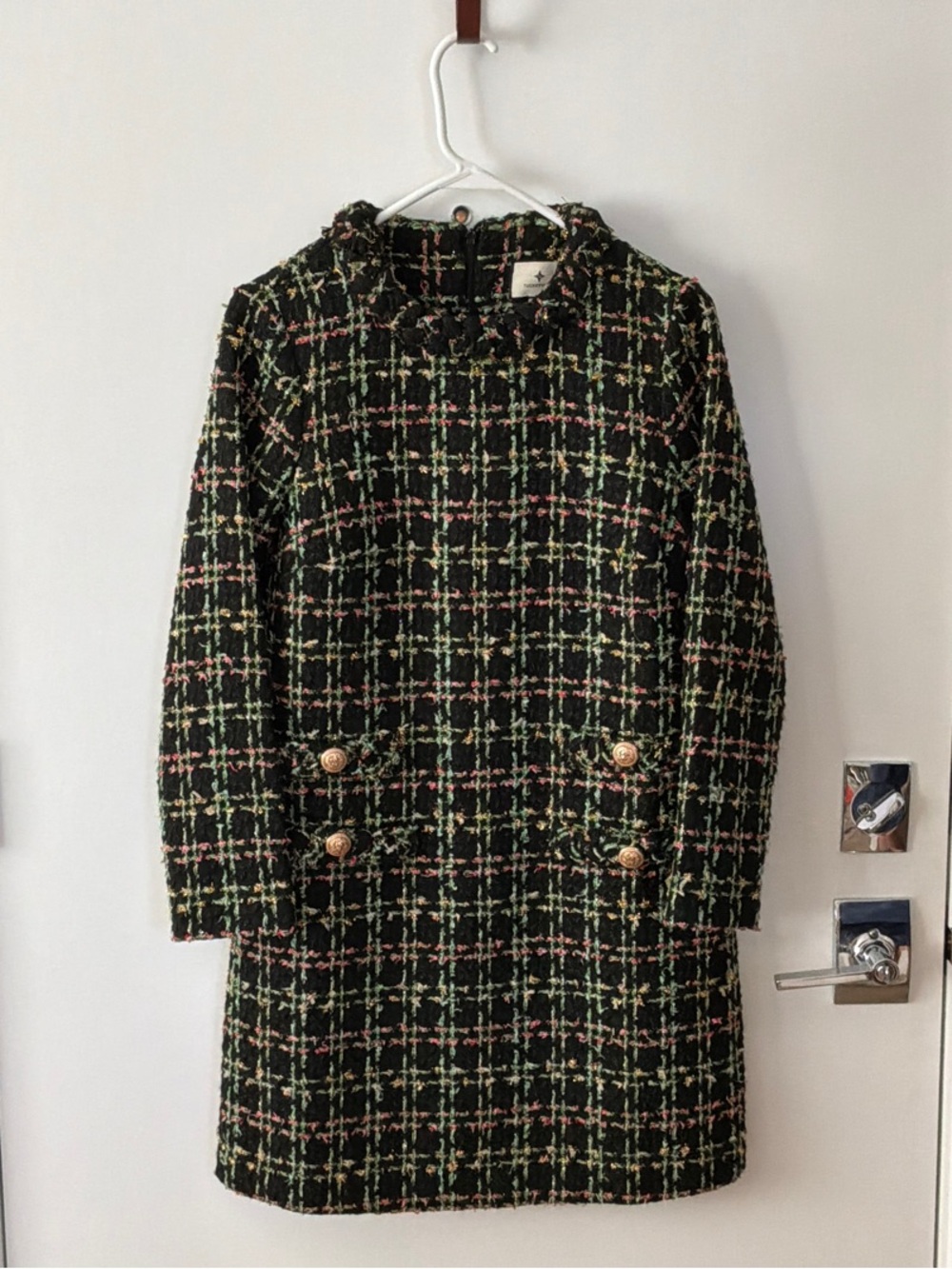 Tuckernuck Black Tweed Plaid Pea Coat with Gold Buttons